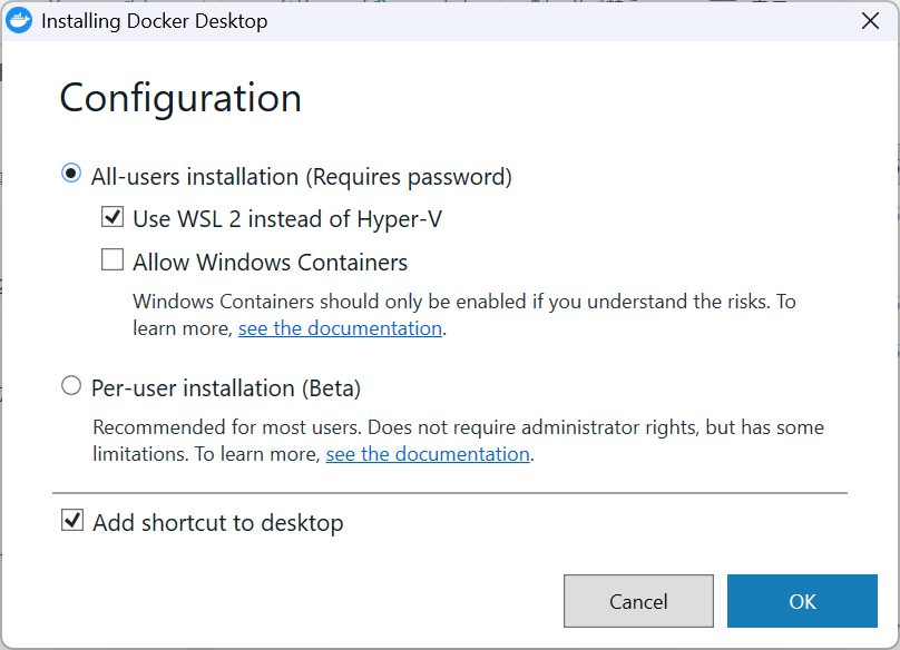 Docker インストーラー起動